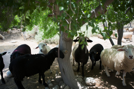 black sheep and white ones under tree for shadeの素材