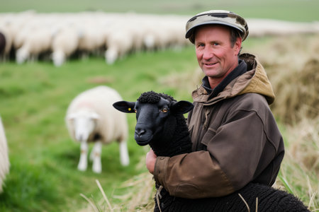farmer with black sheep, white flock in backgroundの素材
