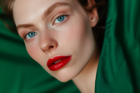 blueeyed model with red lipstick on a green backdropの素材