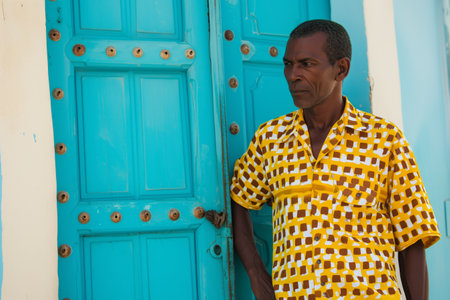 man in yellow block print shirt standing by bright blue doorの素材