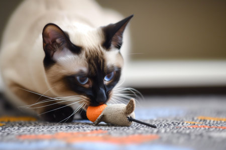siamese cat catching and eating a toy mouseの素材
