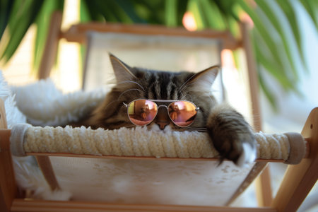 cat wearing tiny sunglasses, nestled in beach chairの素材