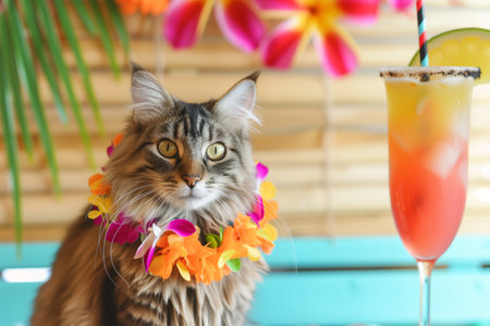 cat with a lei around its neck beside a tropical drinkの素材