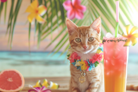 cat with a lei around its neck beside a tropical drinkの素材