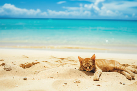 cat lounging on sandy beach with blue sea in the backgroundの素材