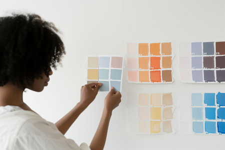 person comparing paint swatches against a white wallの素材