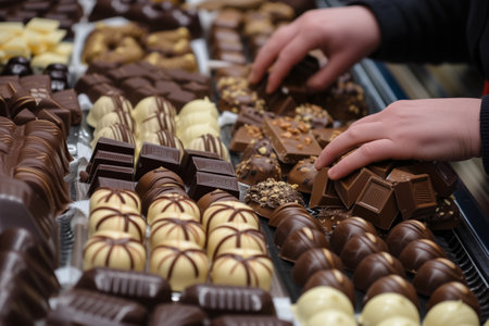 person arranging a display of assorted chocolatesの素材