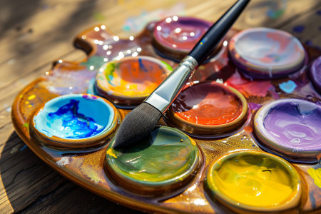 ceramic palette with vibrant glaze paints and a sable brushの素材