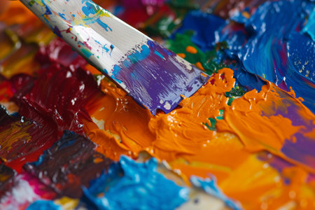 closeup of a palette knife slicing through thick paint blobsの素材
