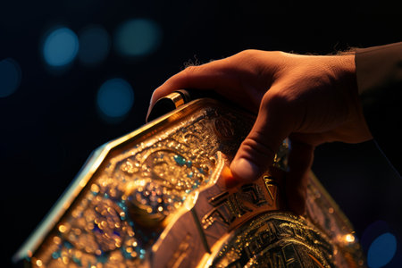 focused shot of a hand touching the top of a champions beltの素材