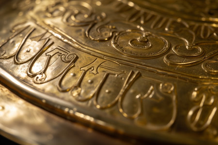 precision view of embossed lettering on a gold plateの素材