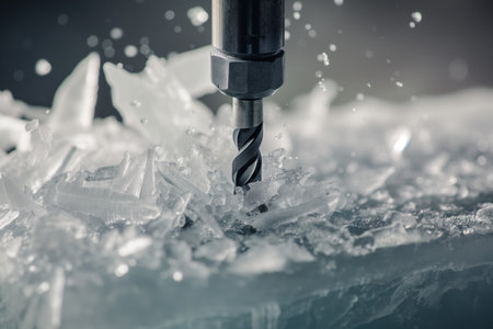 close perspective of bit drilling into ice block, ice chips dispersingの素材