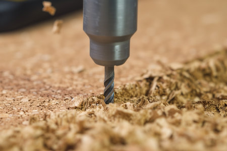 close image of drilling into corkboard, cork pieces visibleの素材