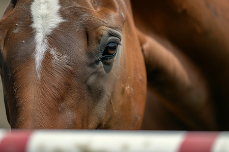 intense focus on horses eyes as it approaches an obstacleの素材