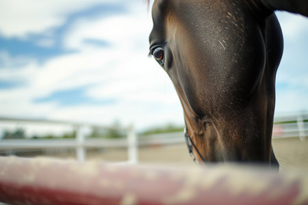intense focus on horses eyes as it approaches an obstacleの素材