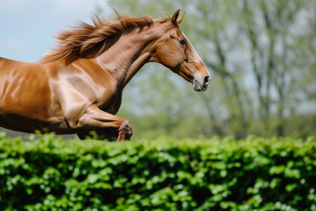 horses mane flowing as it jumps a green hedgeの素材
