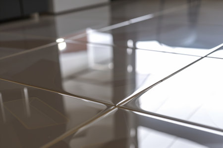 closeup of shiny ceramic floor tiles with reflectionの素材