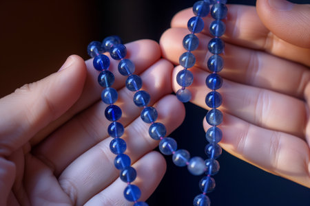 close shot of sapphire beads on a string held taut by two handsの素材