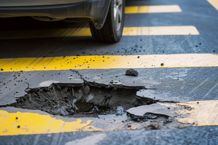 pothole in urban asphalt with yellow lines, car wheel nearの素材