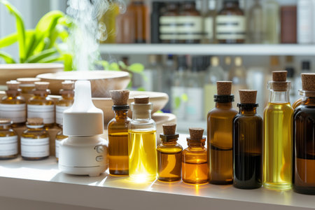 shelf of assorted natural oil bottles with a diffuser emitting steam in roomの素材