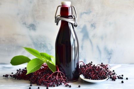 elderberry syrup bottle with a spoon and fresh elderberriesの素材