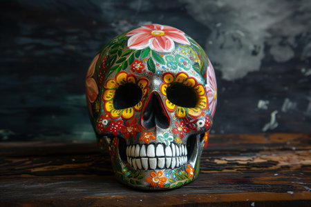 painted skull with flowerfilled eye sockets, on a dark backgroundの素材