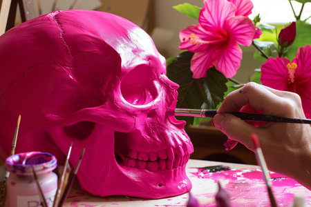 person in a workshop painting a skull in bright pink, next to hibiscus flowersの素材