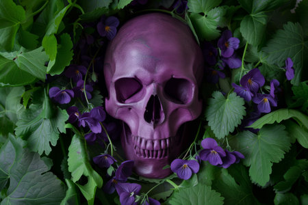 painted purple skull surrounded by a wreath of violetsの素材