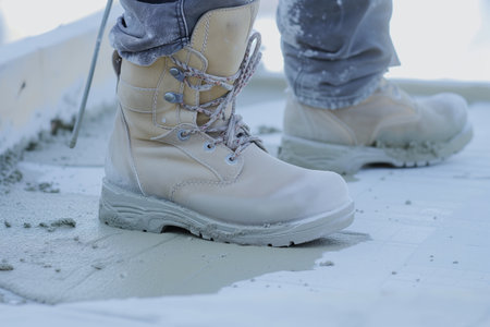 closeup of workers boots walking on fresh concreteの素材