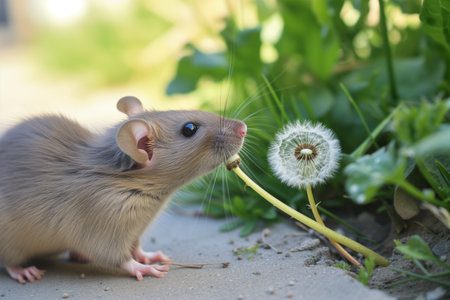 young rat sniffing a dandelion outsideの素材