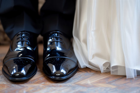 closeup of polished dress shoes next to a gown hemの素材