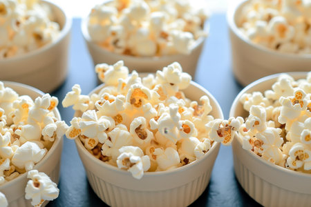 unpopped popcorn bowls on a shared tableの素材