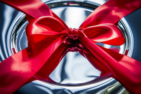 macro shot of red ribbon bow on shiny silver gift box lidの素材