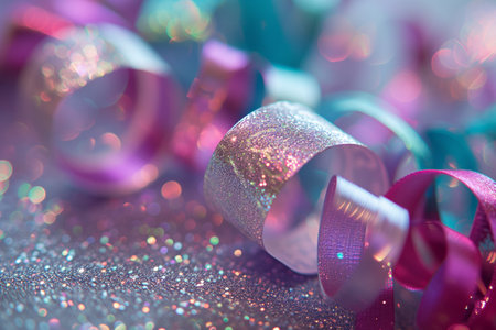 close view of shimmering ribbon curls on a birthday presentの素材