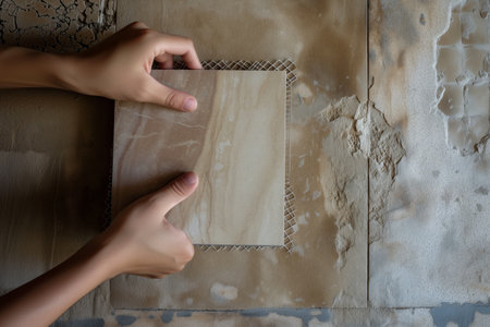 closeup of hands holding a ceramic tile sample against a wallの素材