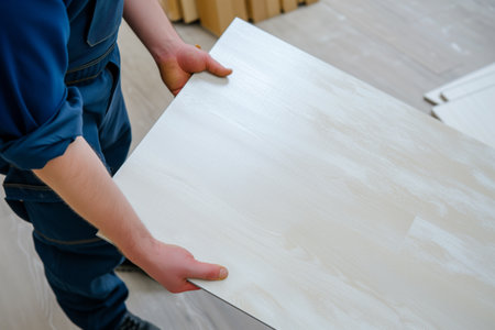 worker holding a large sample of waterproof kitchen flooringの素材