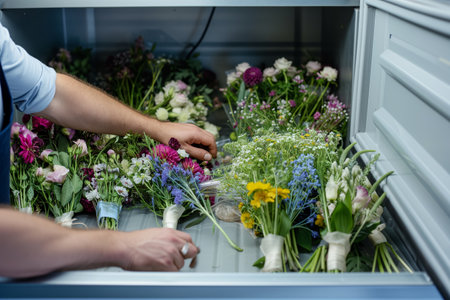 florist organizing a cooler with various flower bouquetsの素材