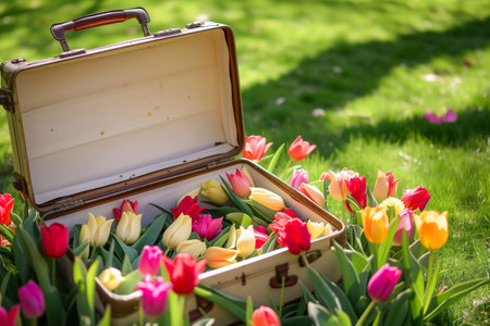 open suitcase on grass filled with colorful tulipsの素材
