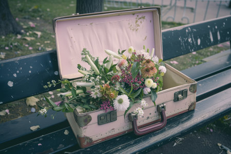 open suitcase on a bench, cradling a mix of blossomsの素材