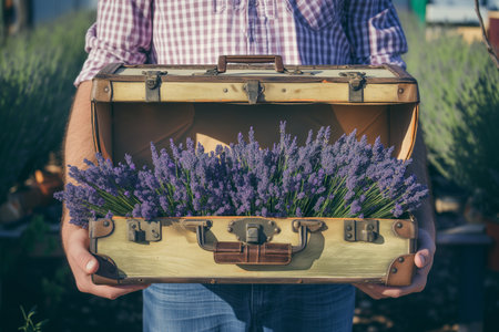 man holding a suitcase overflowing with lavenderの素材