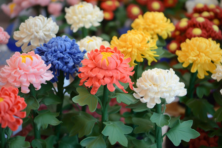 display of multicolored fondant chrysanthemumsの素材