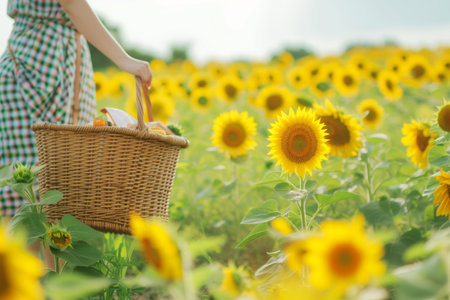 content person with picnic basket in sunflower fieldの素材