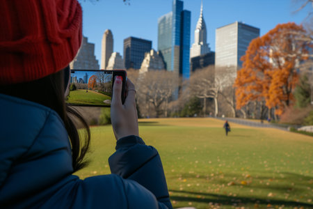 person making video calls, with a city park as a backdropの素材