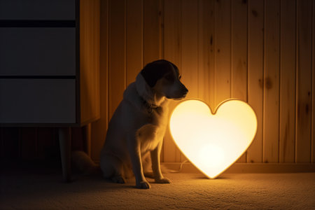 dog sitting beside a heartshaped night lightの素材