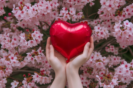hands cradling a red heartshaped balloon among pink cherry blossomsの素材