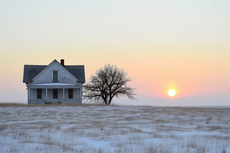 isolated house on a prairie, sunrise in the backgroundの素材