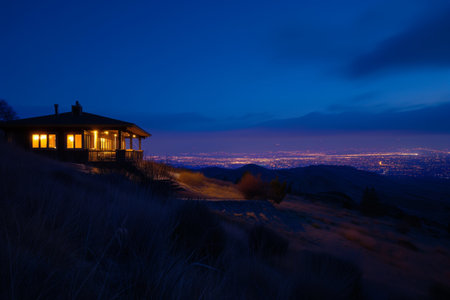 house on a hilltop, city lights in the distant nightの素材