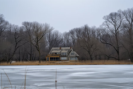 one house at the edge of a frozen lake, bare trees aroundの素材
