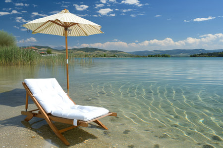 lounge chair with umbrella, clear lake and distant hillsの素材