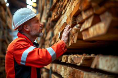 worker examining the quality of cut wood surfacesの素材